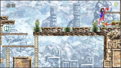 Gdy znajdziesz się tuż obok armaty musisz dwukrotnie naskoczyć na stwora - gdy znajdziesz się w powietrzu po pierwszym odbiciu manipuluj czasem oczekując, aż pojawi się drugi stwór - Movement by Degrees | Alternatywne zakończenie | Braid - Braid - poradnik do gry