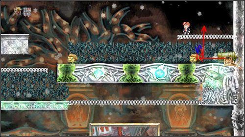 Następnie przeskocz na prawo, tuż pod armatę - dwukrotnie odbij się od stworów (cofając czas w powietrzu nim upadniesz), aż doskoczysz do platformy wyżej - Impassable Foliage | Alternatywne zakończenie | Braid - Braid - poradnik do gry