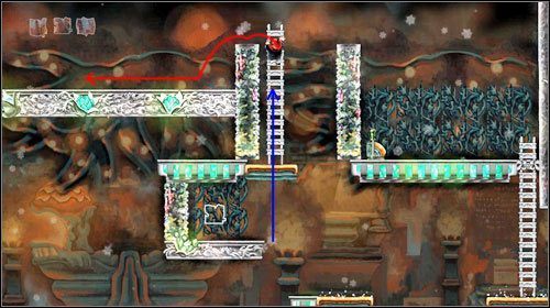 Dzięki chwilowej niewrażliwości na cofanie czasu zostaniesz na drabinie i po chwili znajdziesz się na samej górze - zeskocz na lewo - Elevator Action | Alternatywne zakończenie | Braid - Braid - poradnik do gry