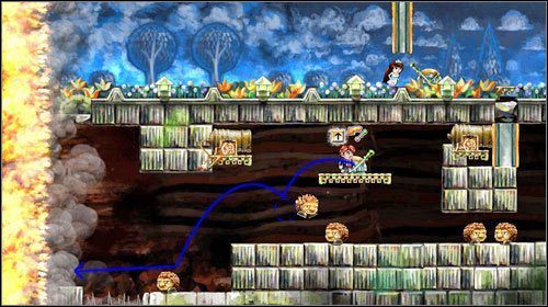 Przy drugiej dźwigni postąp identycznie - wskocz na górę odbijając się od stwora, przełącz dźwignię i cofnij czas - Braid | Alternatywne zakończenie | Braid - Braid - poradnik do gry