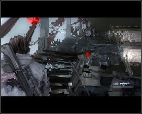 Eliminujemy szybko wychodzących z maszyny żołnierzy [1], a następnie wbiegamy zniszczonymi schodami na górę [2], gdzie czekają na nas kolejni napastnicy - Rozdział 10 - Zmartwychwstanie (2) - Opis przejścia - Kane & Lynch 2: Dog Days - poradnik do gry