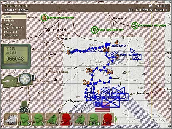 Uwaga: powyższa mapa powstała już pod koniec misji, kiedy droga do Timurkalaj została oczyszczona z sił nieprzyjaciela -stąd dominujący, niebieski kolor na tejże rycinie, mogący mylnie sugerować, że przejażdżka traktem będzie sielanką - Misja 3 - Tropiciel (1) | Operacja Grot | ArmA II Operation Arrowhead - ArmA II: Operation Arrowhead - poradnik do gry