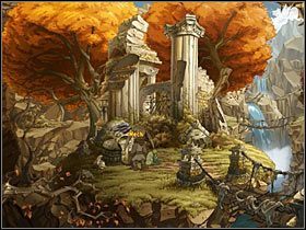 Na miejscu przekonasz się, że wejście do ruin jest zamknięte oraz że znajduje się przy nim zabawny posąg z długim językiem (przeczytaj wyrytą na nim inskrypcję) - Poradnik do gry - Rozdział pierwszy - Jesienna puszcza (1) - The Whispered World - poradnik do gry