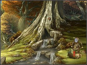 Po zatkaniu korkiem dziury w drzewie ponownie przegoń świetliki, tym razem wlecą pod kamień po prawej - Rozdział pierwszy - Jesienna puszcza (2) - The Whispered World - poradnik do gry