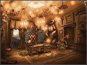 Teraz musisz jeszcze rozwiązać problem zwierzątka domowego, które wszcznie alarm, gdy tylko klaun spróbuje wejść do pomieszczeń na górze - Rozdział drugi - Przebudzenie Kalidy (2) - The Whispered World - poradnik do gry