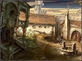 By tego dokonać, przemieść się pod biały budynek po lewej, przy którym znajduje się huśtawka i beczka z deszczówką - Rozdział czwarty - Korona (1) - The Whispered World - poradnik do gry