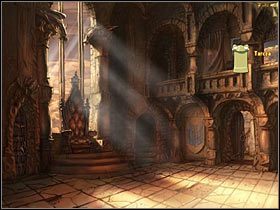 W tej sytuacji ponownie pociągnij za dźwignię, żeby unieść kratę, po czym przesuń gobelin (tym razem w lewo) i zbadaj wiszącą na ścianie tarczę - Rozdział czwarty - Korona (1) - The Whispered World - poradnik do gry