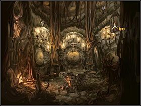 Maszeruj do jaskini (pierwsza strzałka z lewej strony planszy), gdzie przekonasz się, że drzwi do pokoju szefa są zamknięte - Rozdział trzeci - Asgil (3) - The Whispered World - poradnik do gry