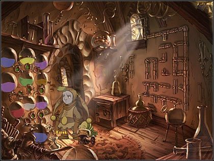 Uzyskawszy niebieską farbkę, odkręć kurek dolnego dużego zbiornika (kursor w kształcie zaciśniętej pięści), a spłynie ona do podstawionej butelki - Rozdział czwarty - Korona (2) - The Whispered World - poradnik do gry