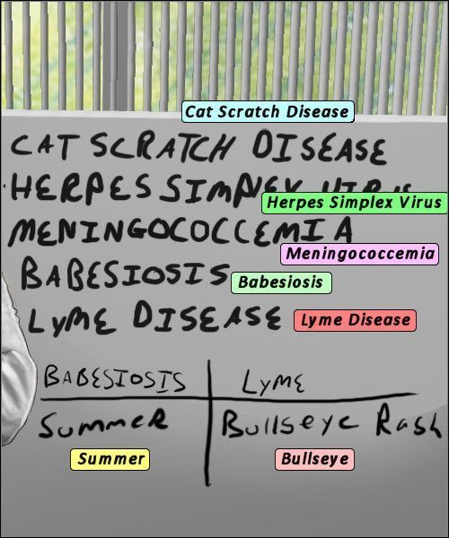 Tablica prezentuje kolejne propozycje chorób, wraz z ich odpowiednikami w burzy mózgów. - Opis przejścia (2) | Globetrotting House M.D. - House M.D. - poradnik do gry