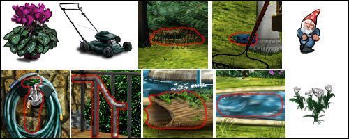 Na powyższym obrazku zostały przedstawione wszystkie wskazówki, które musisz znaleźć na podwórku - Opis przejścia (3) | Globetrotting House M.D. - House M.D. - poradnik do gry