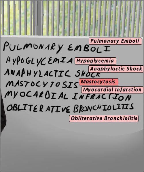 Tablica prezentuje kolejne propozycje chorób, wraz z ich odpowiednikami w burzy mózgów. - Opis przejścia (1) | Under The Big Top | House M.D. - House M.D. - poradnik do gry