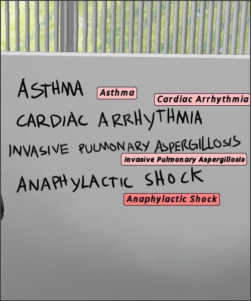Tablica prezentuje kolejne propozycje chorób, wraz z ich odpowiednikami w burzy mózgów. - Opis przejścia (2) | Under The Big Top | House M.D. - House M.D. - poradnik do gry
