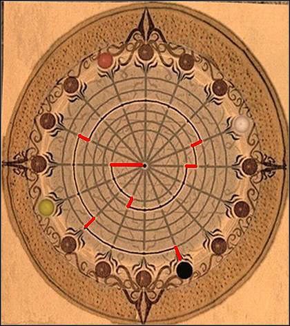 Rozmieszczenie kamieni (i wskazówka co do kolejności hieroglifów w mechanizmie) podane jest na kartce, którą pracowicie składałeś i podlepiałeś w pracowni - D2 - Wizyta w osławionym miejscu, w środku lasu (6) | Opis przejścia - Darkness Within 2: The Dark Lineage - poradnik do gry