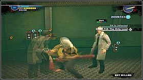 Gdy walka dobiegnie końca, ruszamy do zaznaczonych na mapie drzwi [1] i wchodzimy do środka, gdzie zaatakuje nas dwóch naukowców [2] - Case 7 - Zadania główne - Dead Rising 2 - PC - poradnik do gry