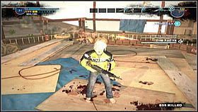 Zaraz po rozpoczęciu starcia, biegniemy na środek lokacji i wspinamy się po rusztowaniu na górę [1] - The Facts - Zadania główne - Dead Rising 2 - PC - poradnik do gry