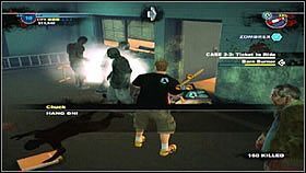 Żeby uratować uwięzionych ludzi, podnosimy leżącą w korytarzu gaśnicę [1] i używamy jej na płomieniach [2] - Case 1 (2) - Zadania poboczne - Dead Rising 2 - PC - poradnik do gry