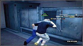 Gdy mężczyzna wstrzyknie sobie Zombrex, chwytamy go pod ramię [1] i prowadzimy do bunkra [2] - Case 2 - Zadania poboczne - Dead Rising 2 - PC - poradnik do gry