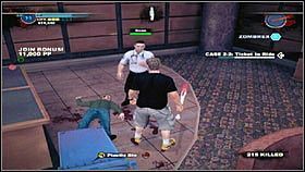 W pomieszczeniu, do którego zaprowadzi nas strzałka [1], znajdziemy pomocnika medycznego Svena [2], który stracił wiarę w swoje możliwości - Case 2 - Zadania poboczne - Dead Rising 2 - PC - poradnik do gry