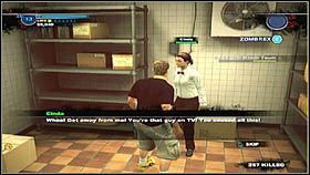 Po walce idziemy do pomieszczenia z tyłu restauracji [1] i rozmawiamy z ocaloną kobietą [2] - Case 2 - Zadania poboczne - Dead Rising 2 - PC - poradnik do gry