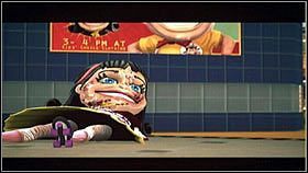 Jeżeli zabraknie nam życia, ponownie chowamy się za niebieską ścianą [1], gdzie pijemy odpowiedni napój - Case 3 (1) - Zadania poboczne - Dead Rising 2 - PC - poradnik do gry