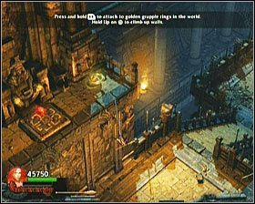 Następnie skocz w kierunku sąsiedniej półki w powietrzu wystrzeliwując linę (ta złapie się specjalnego uchwytu i umożliwi Ci wdrapanie się na górę) - Poradnik do gry - [Opis przejścia] Temple of Light - cz. 1 - Lara Croft and the Guardian of Light - poradnik do gry