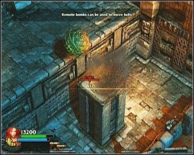 Obniżamy filar strzelając w przełącznik, montujemy na nim bombę (u dołu), wtaczamy na niego kulę i wywozimy go na górę - [Opis przejścia] Forgotten Gate - cz. 1 | Lara Croft and the Guardian of Light - Lara Croft and the Guardian of Light - poradnik do gry