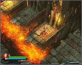 Po jej zakończeniu przeskocz po trzech platformach nad lawą w kierunku płonącej ściany - [Opis przejścia] Fiery Depths - cz. 1 | Lara Croft and the Guardian of Light - Lara Croft and the Guardian of Light - poradnik do gry