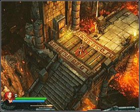 W ten sposób dotrzesz do czasowego przełącznika, ustawionego na nowym typie pułapki - płonącej fali - [Opis przejścia] Fiery Depths - cz. 1 | Lara Croft and the Guardian of Light - Lara Croft and the Guardian of Light - poradnik do gry