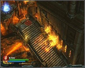 Po opuszczeniu pajęczych platform, znajdziesz się na schodach przy płonącej ścianie - [Opis przejścia] Fiery Depths - cz. 2 | Lara Croft and the Guardian of Light - Lara Croft and the Guardian of Light - poradnik do gry