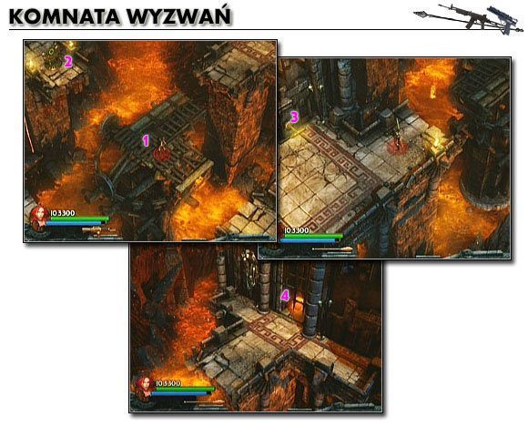 Aby zdobyć ukryty tam przedmiot wskakujemy na obrotowy most [1] i obracamy go tak, aby móc dostać się do przełącznika [2] - [Opis przejścia] Fiery Depths - cz. 3 | Lara Croft and the Guardian of Light - Lara Croft and the Guardian of Light - poradnik do gry