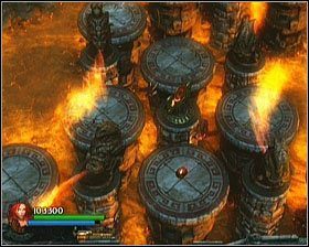 Po opuszczeniu komnaty wracamy na owalne platformy (przypominam o triku umożliwiającym unikanie obracających się płomieni) i kierujemy się w dół ekranu - [Opis przejścia] Fiery Depths - cz. 3 | Lara Croft and the Guardian of Light - Lara Croft and the Guardian of Light - poradnik do gry