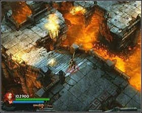 Po przedostaniu się na drugą stronę trafisz do zrujnowanego miejsca, będącego bombardowanego przez wybuchowe głazy - [Opis przejścia] Fiery Depths - cz. 3 | Lara Croft and the Guardian of Light - Lara Croft and the Guardian of Light - poradnik do gry