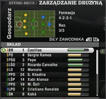 Przyciskami LB i RB zmieniasz widok z wartości piłkarzy na ich stan kondycji. - Co robić w trakcie meczu w FIFA 11? | Trener - FIFA 11 - poradnik do gry
