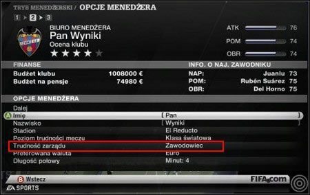 Od wyboru w opcji Trudność zarządu zależy ilość pieniędzy na starcie. - Jak rozpocząć? | Tryb menedżera w FIFA 11 - FIFA 11 - poradnik do gry