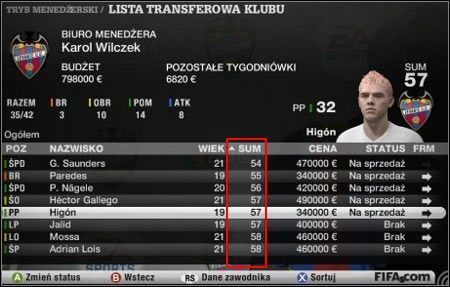 Wejdź w Transfery / Lista Transferowa Klubu. Kliknij w kolumnę SUM, aby posortować zawodników względem ich wartości. - Jak zarabiać? | Tryb menedżera w FIFA 11 - FIFA 11 - poradnik do gry