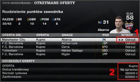 1. Jeżeli chcesz przyjąć ofertę, zmień pole Wybór na Akceptuj / 2. Na dole znajduje się cena rynkowa i oferta. - Jak zarabiać? | Tryb menedżera w FIFA 11 - FIFA 11 - poradnik do gry