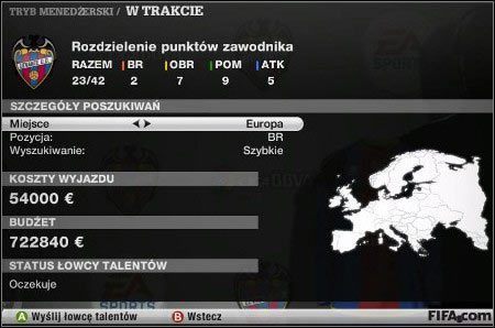 Aby posłać łowców na poszukiwania wejdź w Transfery / Łowcy talentów - Jak rozwijać klub? | Tryb menedżera w FIFA 11 - FIFA 11 - poradnik do gry