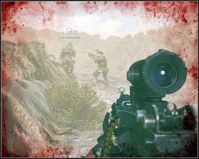 Gdy rozpocznie się etap, biegniemy cały czas za naszymi towarzyszami [1], trzymając się blisko skał, żeby uniknąć trafienia [2] - Brzuch bestii (1) | Opis przejścia Medal of Honor - Medal of Honor - poradnik do gry