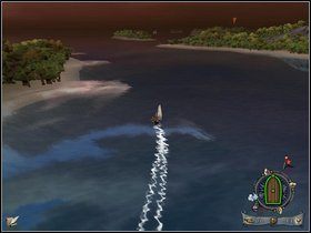 Po lewej można wysadzić zaporę, ale polecam płynąć wzdłuż wyspy i za nią skręcić w lewo, a potem ile wiatru w żaglach między wysepki i z powrotem do punktu startu - Rozdział III - Kryjówka Wisielca - Opis przejścia - Piraci Nowego Świata 2: Dwa Skarby - poradnik do gry