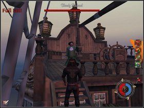 Na pokładzie Czarnej Śmierci przebijamy się do kajuty Czarnobrodego - nie musimy walczyć ze wszystkimi, jednak na mostku znajduje się jeden z oficerów - Krwawy Ryszard - Rozdział V - Zatoka Kingston - Opis przejścia - Piraci Nowego Świata 2: Dwa Skarby - poradnik do gry