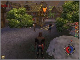 Po zabraniu znajdźki wracamy na tył tawerny i przechodzimy po mostku - Rozdział II - Czarna Flaga (2) - Opis przejścia - Piraci Nowego Świata 2: Dwa Skarby - poradnik do gry