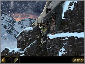 Zamrożoną skórzaną tyczką strąć spadochron ze skały przy wraku samolotu Fentona - Rozdział II - Sekret w górach (2) | Opis przejścia Lost Horizon - Lost Horizon - poradnik do gry