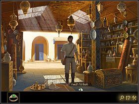 Wróć do sklepu z antykami (w lewo po schodkach na bazar i przejściem w zaułek pośrodku placu), przejdź w głąb pomieszczenia (kursor w dole ekranu) i porozmawiaj z Lacosteem o szkatułce - Rozdział III - Wyścig z czasem (1) | Opis przejścia Lost Horizon - Lost Horizon - poradnik do gry