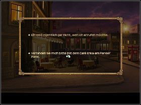 Podejdź do budki telefonicznej i zadzwoń do kawiarni Erika (konieczna jest moneta, znajomość nazwy kawiarni oraz wcześniejsza próba rozmowy z Edisonem na temat wypożyczenia jego legitymacji) - Rozdział IV - W jaskini lwa (1) | Opis przejścia Lost Horizon - Lost Horizon - poradnik do gry