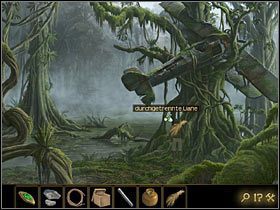 Maszeruj do wioski, gdzie zaopatrz się w kolejną wiązkę trzciny , a następnie na bagna, gdzie prętem przetnij zwisającą z drzewa lianę - Rozdział VI - Oko tygrysa (2) | Opis przejścia Lost Horizon - Lost Horizon - poradnik do gry