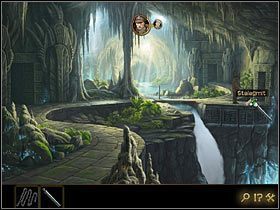 Wpłynie to oczywiście na wygląd lokacji u Fentona, który teraz zyskał znacznie większą swobodę ruchu, ale i tak przejście przez drzwi po prawej uniemożliwia mu skalna kolumna - Rozdział VII - Serce świata (1) | Opis przejścia Lost Horizon - Lost Horizon - poradnik do gry