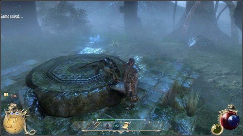 Po zebraniu wszystkich trzech wód udaj się pod stary chram, gdzie użyjesz zdobytych płynów do ożywienia potwora - wejdź na platformę - Grymuar Eliego; Już mi lepiej | Zadania Two Worlds II - Gildia nekromantów - Two Worlds II - poradnik do gry