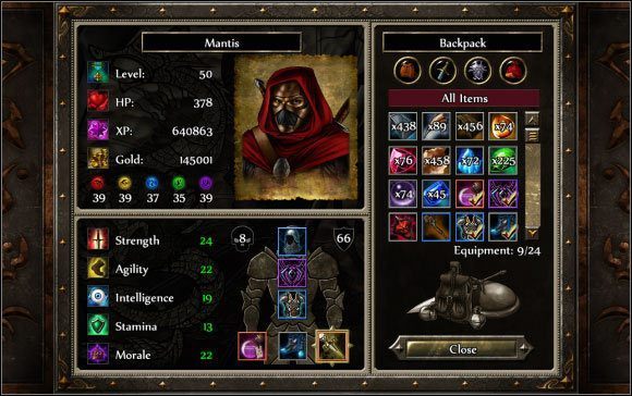 W lewym-górnym rogu ekranu znajdują się podstawowe (pod imieniem bohatera) informacje: poziom, liczba punktów życia, punktów doświadczenia, posiadane złoto oraz maksymalna liczba punktów many możliwa do uzyskania podczas walki - Eksploracja | Informacje podstawowe Puzzle Quest 2 - Puzzle Quest 2 - poradnik do gry