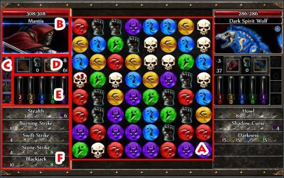 Ekran walki składa się z kilku elementów - Walka | Informacje podstawowe Puzzle Quest 2 - Puzzle Quest 2 - poradnik do gry